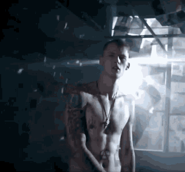 a shirtless man with a necklace around his neck