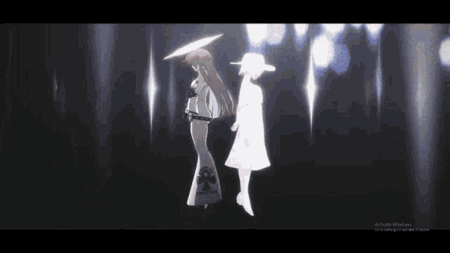 two anime characters standing next to each other in a dark room .