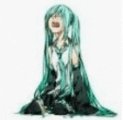 hatsune miku is sitting on the ground with her mouth open .
