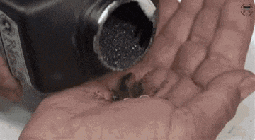 a person is holding a bottle of black ink in their hand .