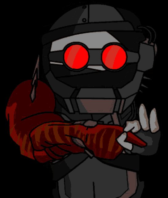 a cartoon character with a red eye and a red arm