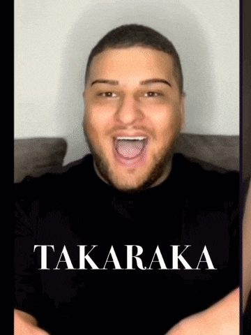 a man with a beard is wearing a black shirt that says takara