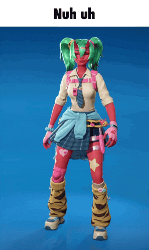 a girl with green hair is standing in front of a blue background with the words nuh uh on it