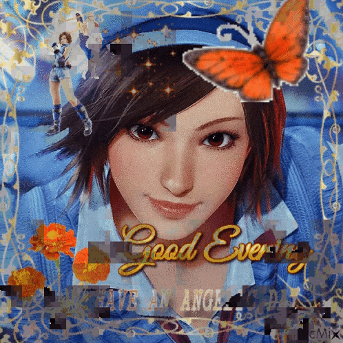 a picture of a girl with a butterfly and the words " good evening "