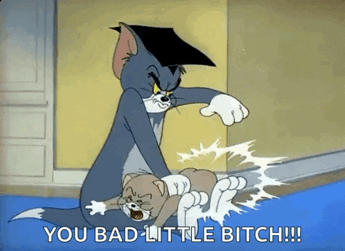 tom and jerry are fighting and tom is wearing a graduation cap