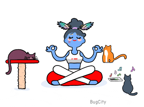 a cartoon of a woman sitting in a lotus position surrounded by cats with bugcity written on the bottom