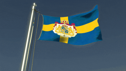 a blue and yellow flag with a coat of arms on it is flying in the wind