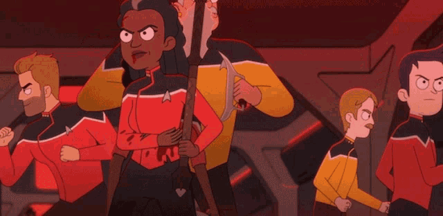 a cartoon of a group of people standing next to each other with one of them holding an axe with the letter u on it