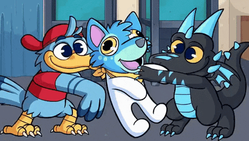 a cartoon of three animals hugging each other including a dog and a dragon