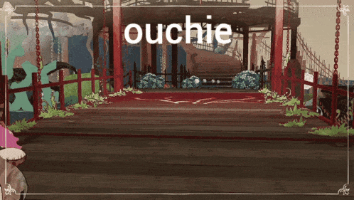 a painting of a bridge with the word ouchie on it