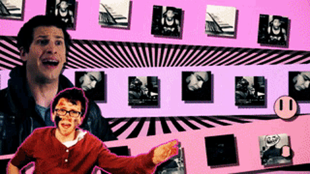 a man and a boy are standing in front of a pink wall