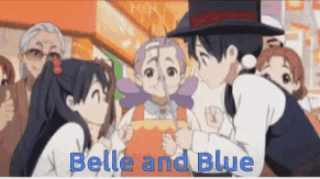 a group of anime characters with the words belle and blue written below them
