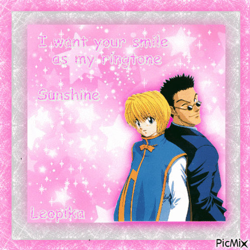 two anime characters on a pink background with the words " i want your smile as my ringtone "