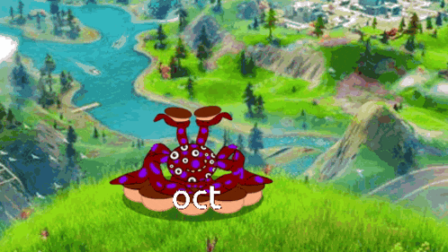 a cartoon octopus is sitting on top of a grassy hill with the words oct written on it .