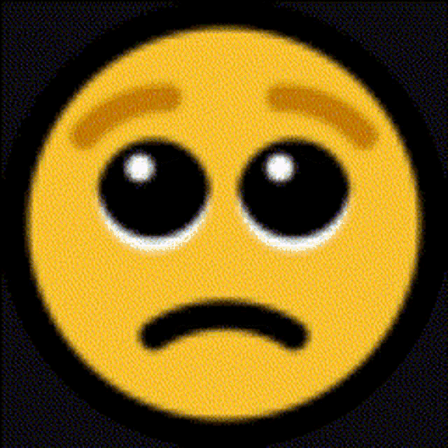 a yellow smiley face with big black eyes and a sad look on its face