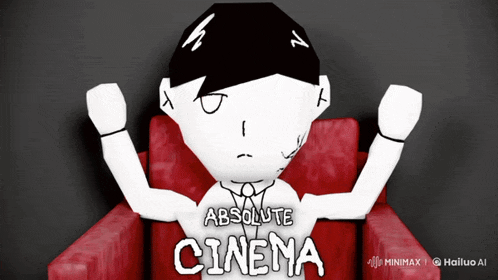 a cartoon of a man sitting in a red chair with the words absolute cinema written on it
