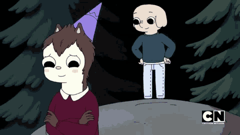 two cartoon characters are standing next to each other with cn written on the bottom right