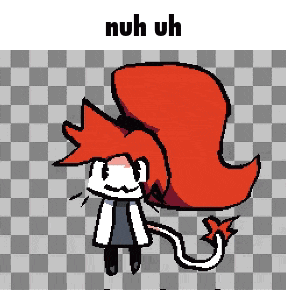 a pixel art drawing of a girl with red hair and the words nuh uh above her
