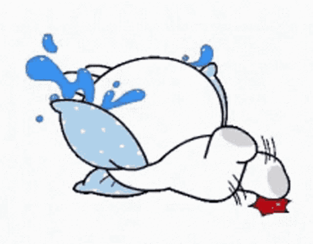 a cartoon duck is laying on its back on a pillow with water coming out of its eyes .