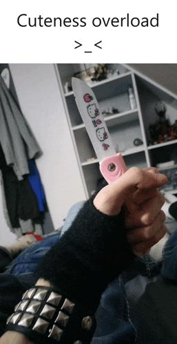 a person holding a hello kitty knife in their right hand