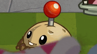 a cartoon character with a red pin sticking out of its head