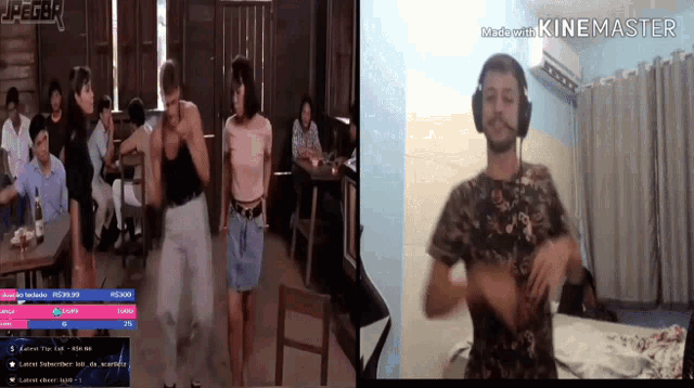 a man wearing headphones is dancing in front of a group of people