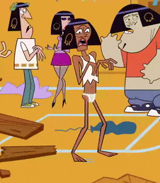 a group of cartoon characters are standing on a yellow surface