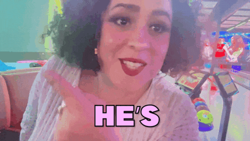 a woman with a surprised look on her face and the word not written in pink