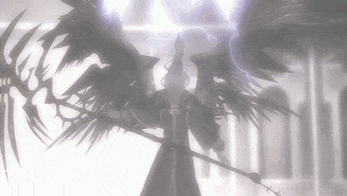 a black and white image of a person with wings and a spear
