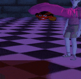 a cartoon character is standing on a checkered floor with a crab in the background