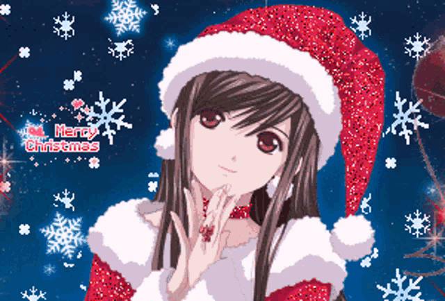 a girl wearing a santa hat with the words merry christmas on the bottom