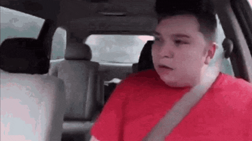 a man in a red shirt is sitting in a car .