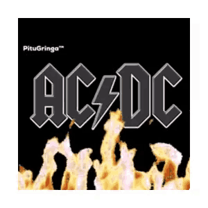 a black and white logo for ac dc with flames in the background