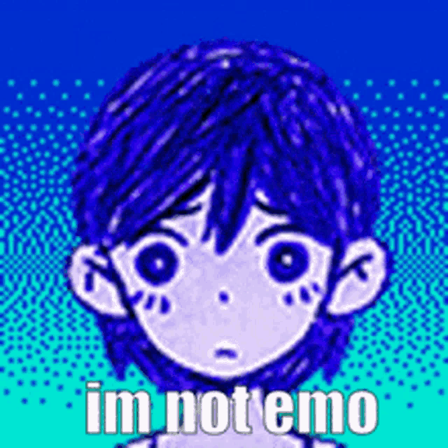 a pixel art drawing of a boy with purple hair and the words `` i 'm not emo '' .
