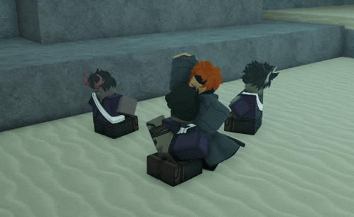 a group of cartoon characters are sitting on a sandy beach