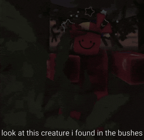 a picture of a red creature with a smiley face and the words look at this creature i found in the bushes below it
