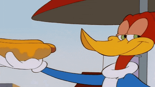 woody woodpecker holding a hot dog in his hand