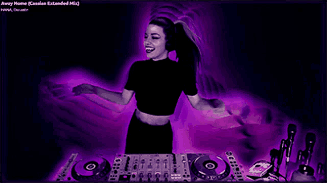a woman in headphones stands in front of a dj controller with the words away home extended mix on the bottom