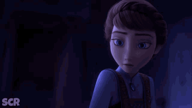 a close up of a cartoon character with the word scr below her