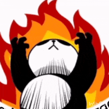 a panda bear is standing in front of a fire with its hands up .