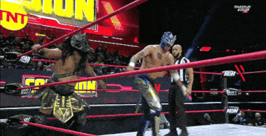 a wrestler in a ring with the word aew on the corner