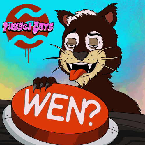 a cartoon cat is holding a button with the word wen on it