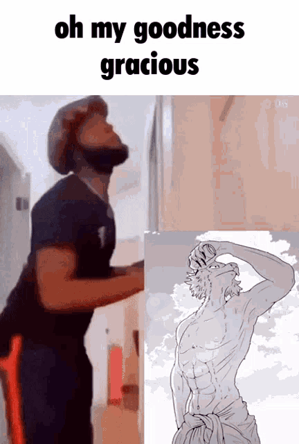 a man with a beard is standing next to a drawing of a man with a towel around his neck .