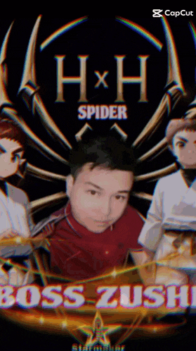 a poster for hxh spider shows a man in front of a spider