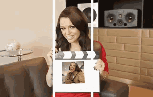 a woman is holding a clapper board with a picture of a woman on it