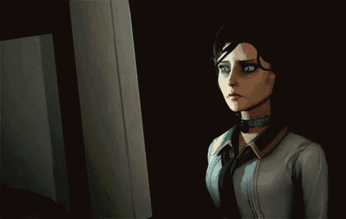 a woman with a choker around her neck is looking at something