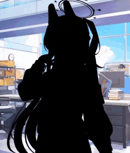 a silhouette of a girl in a room with a clock in the background