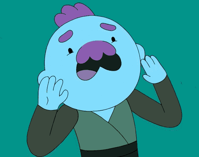 a blue cartoon character with a purple moustache is making a funny face