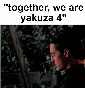three men standing next to each other with the words " together we are yakuza 4 " above them