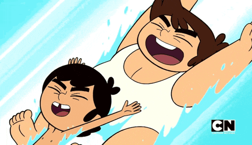 two cartoon characters are swimming in the water with the cn logo on the bottom